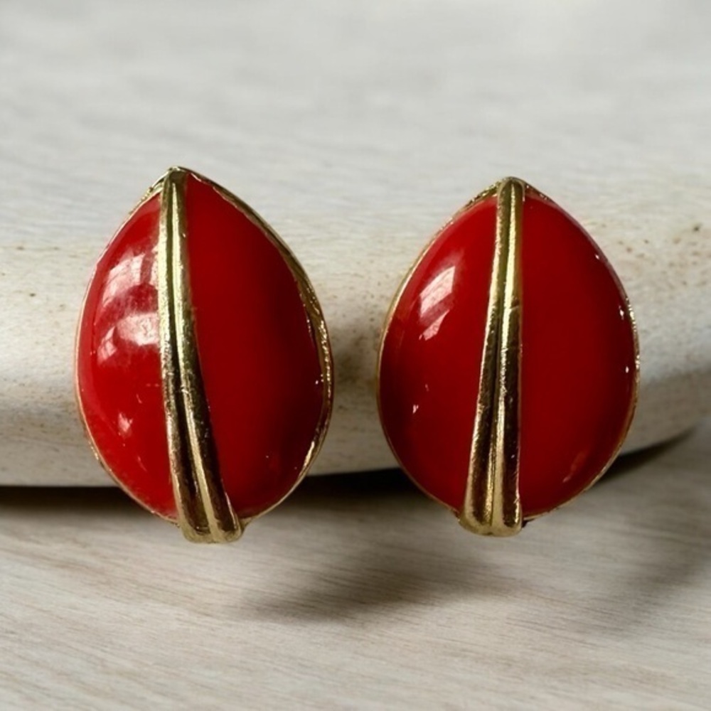 Vintage Red and Gold Enamel Pierced Drop Earrings